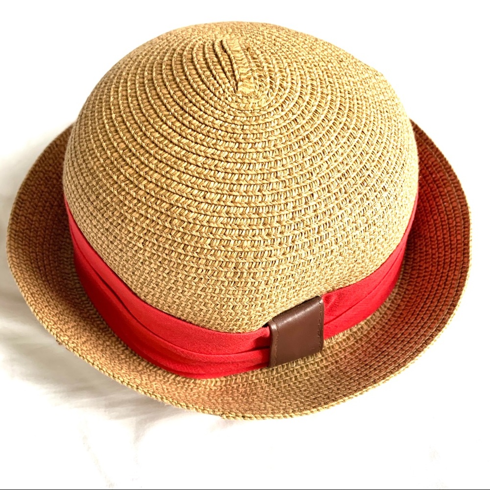 EUC Straw Bowler Hat with Wide Red Ribbon